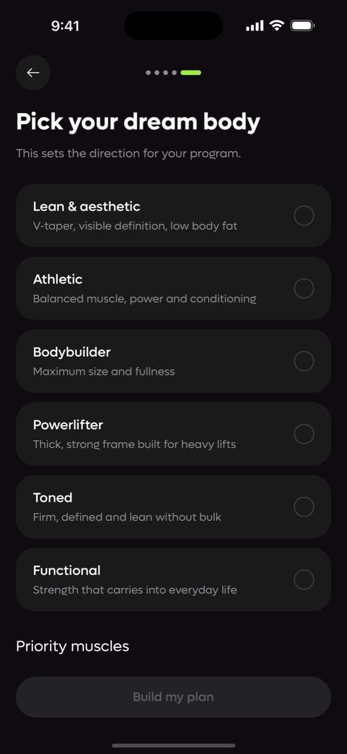 Onboarding: pick your dream body