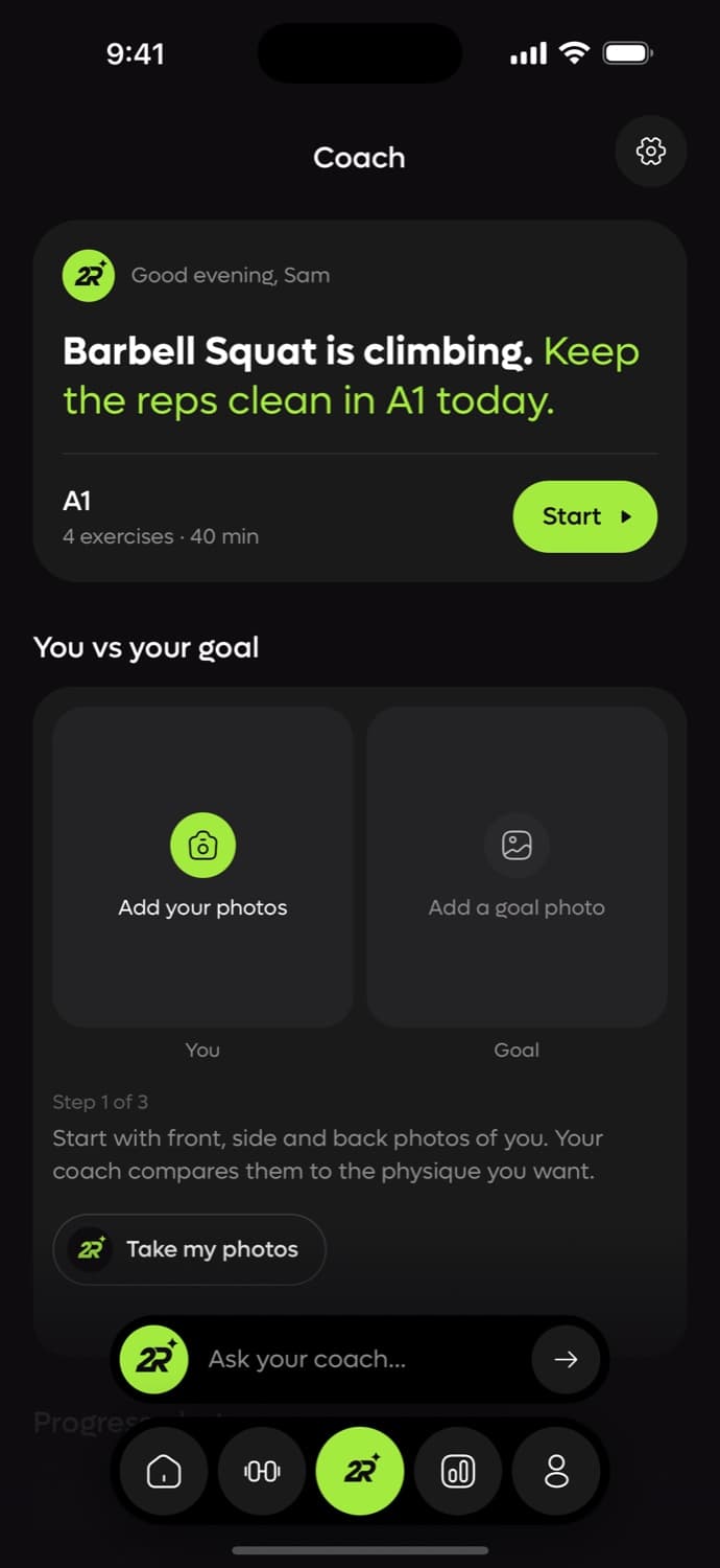 The Coach tab: today’s note and you vs your goal
