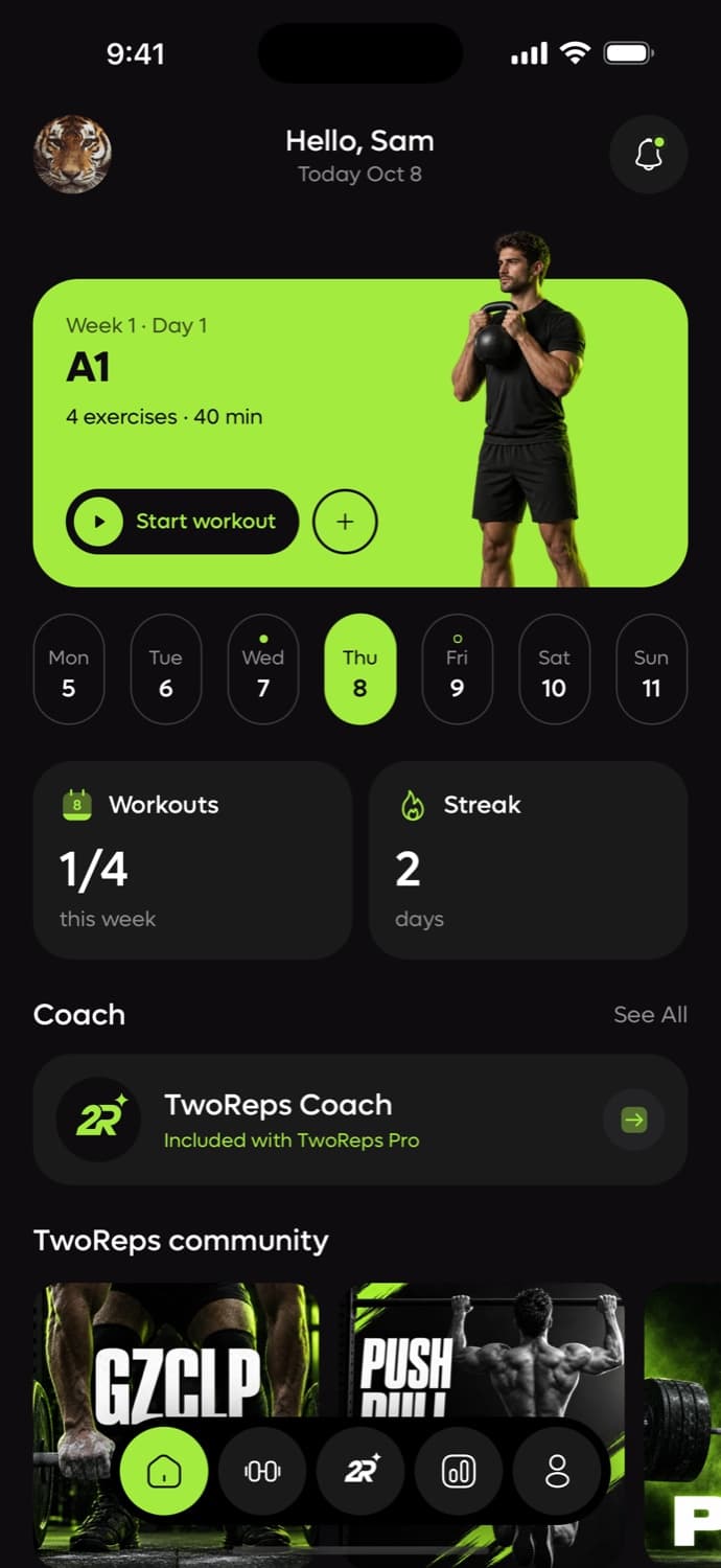 TwoReps home: today’s workout, the week and the streak